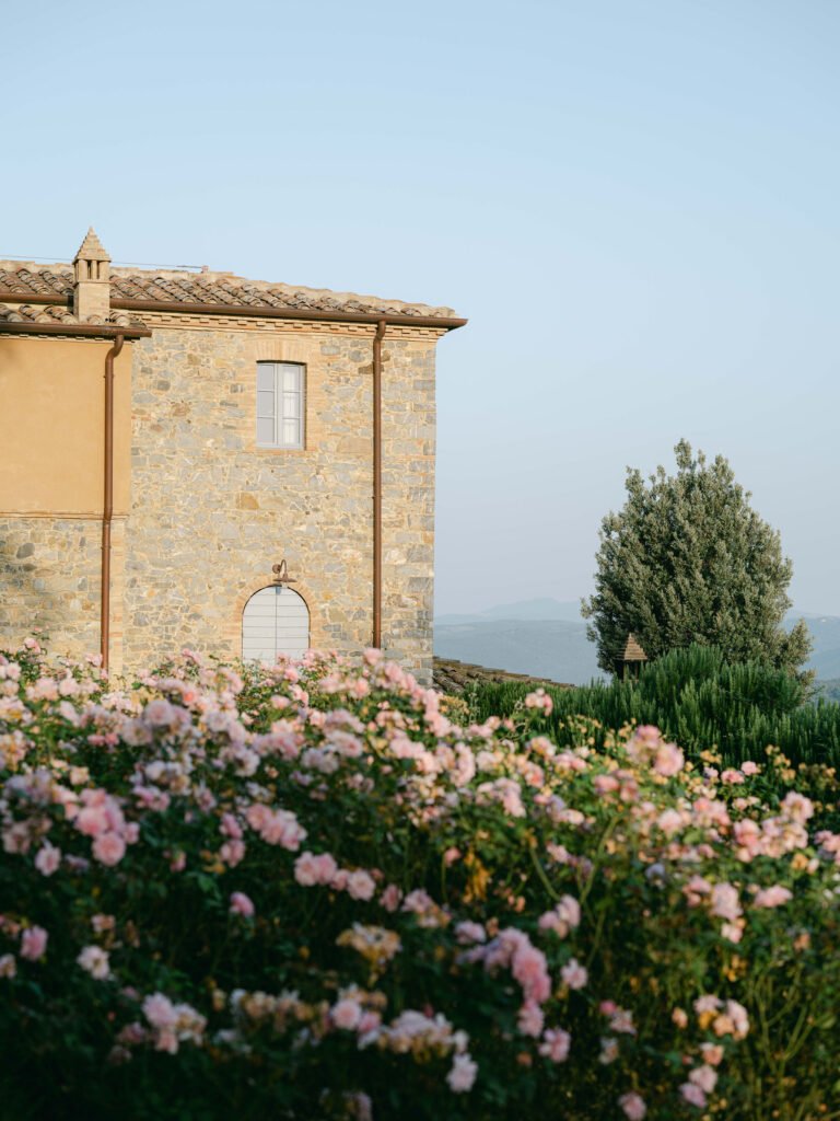 Castiglione Del Bosco Venue Tuscan Stone Villa Pink Roses Golden Hour