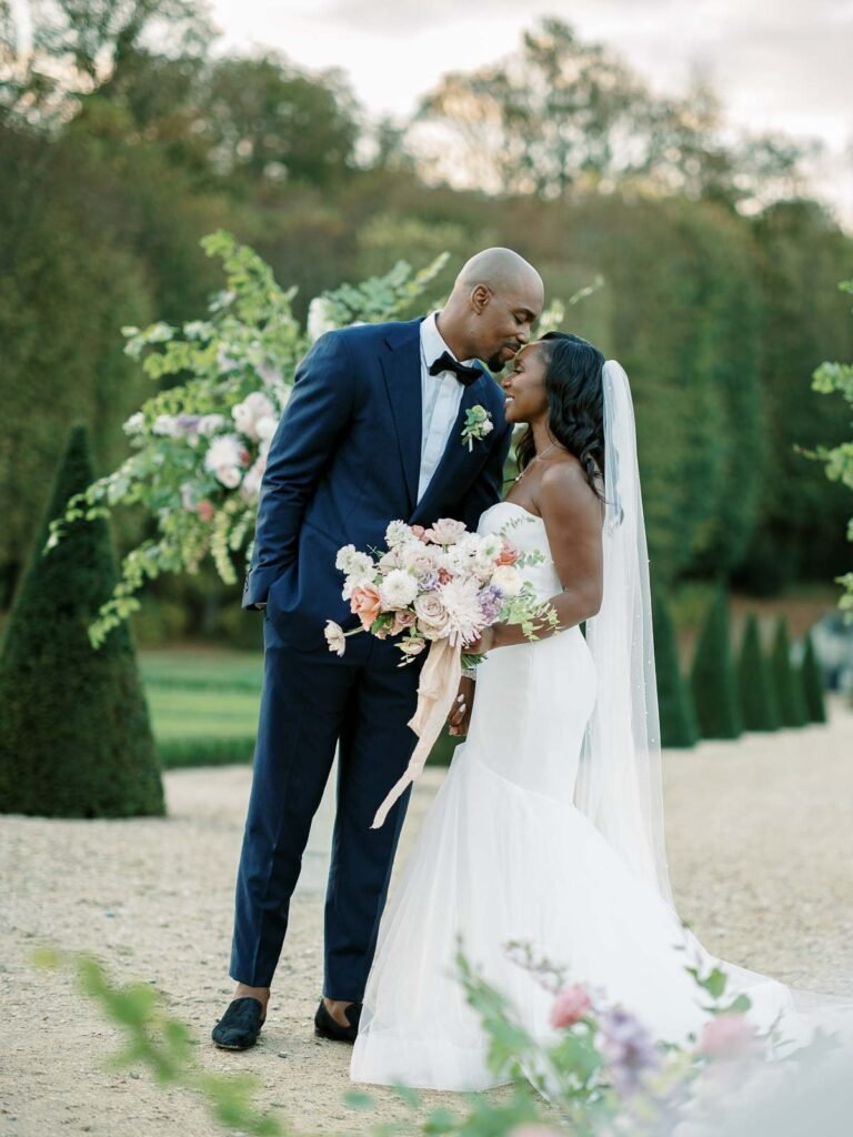 Chateau De Villette Portraits Couple Romantic Embrace Golden Hour Gardens