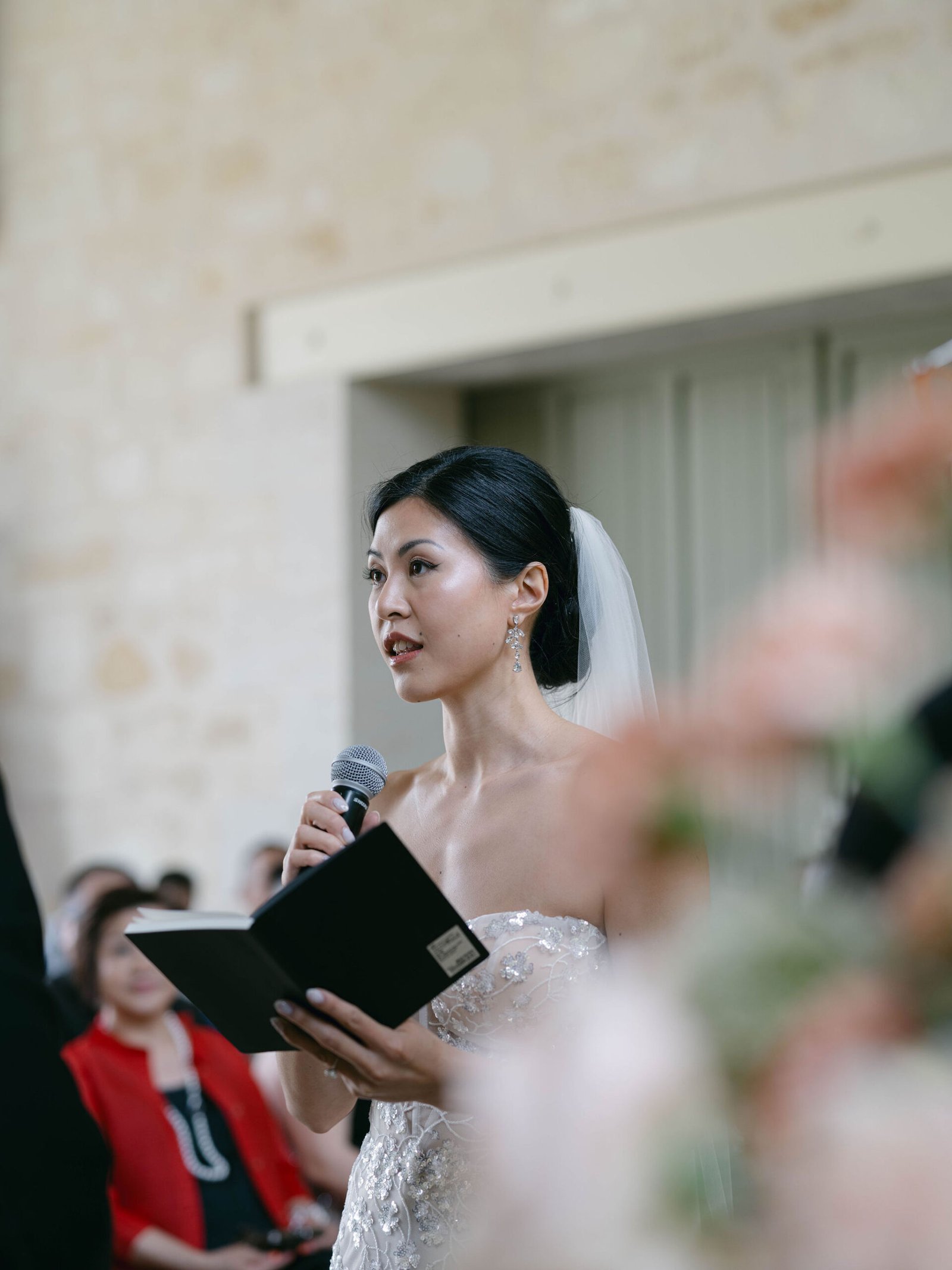 Chateau Gassies Ceremony Bride Vows Microphone Beaded Gown Intimate