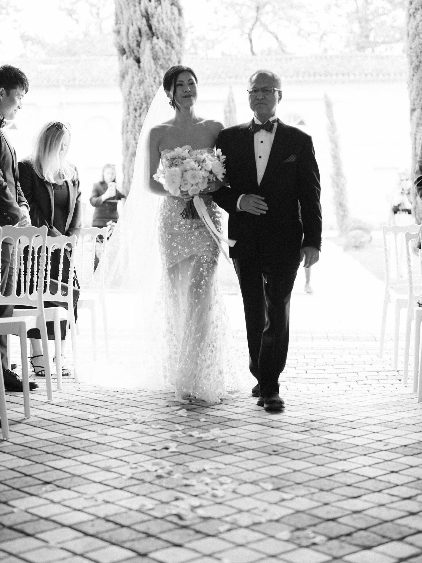 Chateau Gassies Ceremony Father Bride Aisle Cobblestone Backlit Emotional