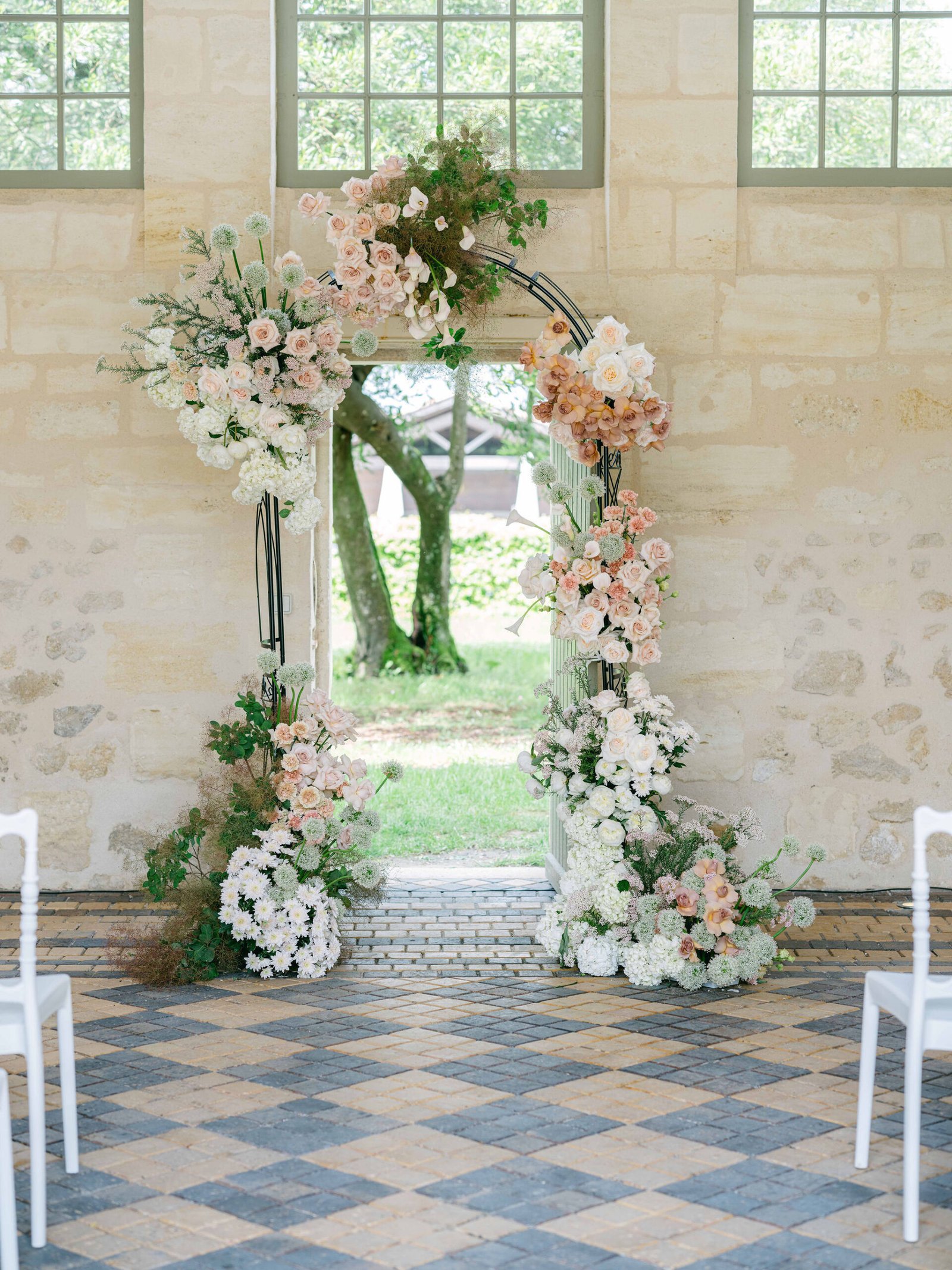Chateau Gassies Ceremony Floral Arch Blush White Blooms Stone Pavilion