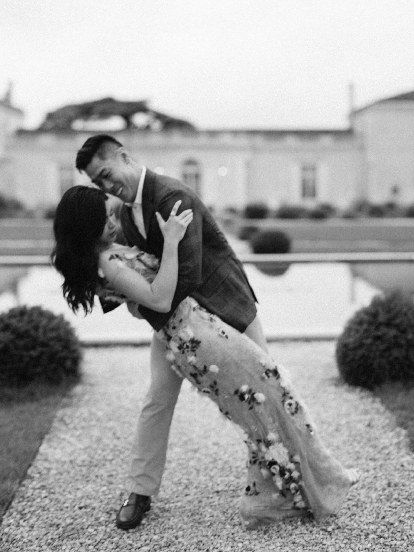 Chateau Gassies Engagement Couple Romantic Dip French Gardens Soft Light