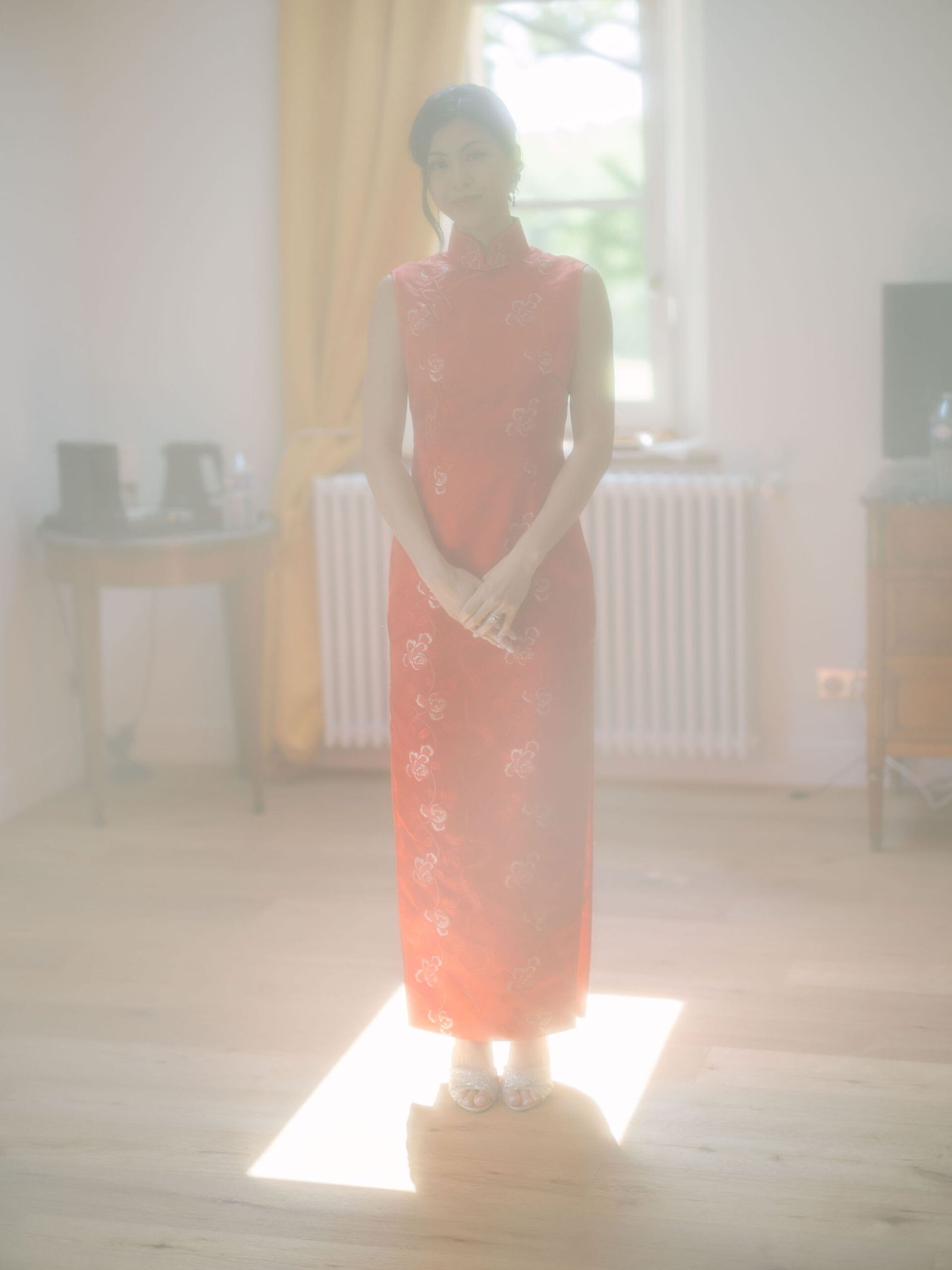 Chateau Gassies Getting Ready Bride Coral Dress Ethereal Backlit Window