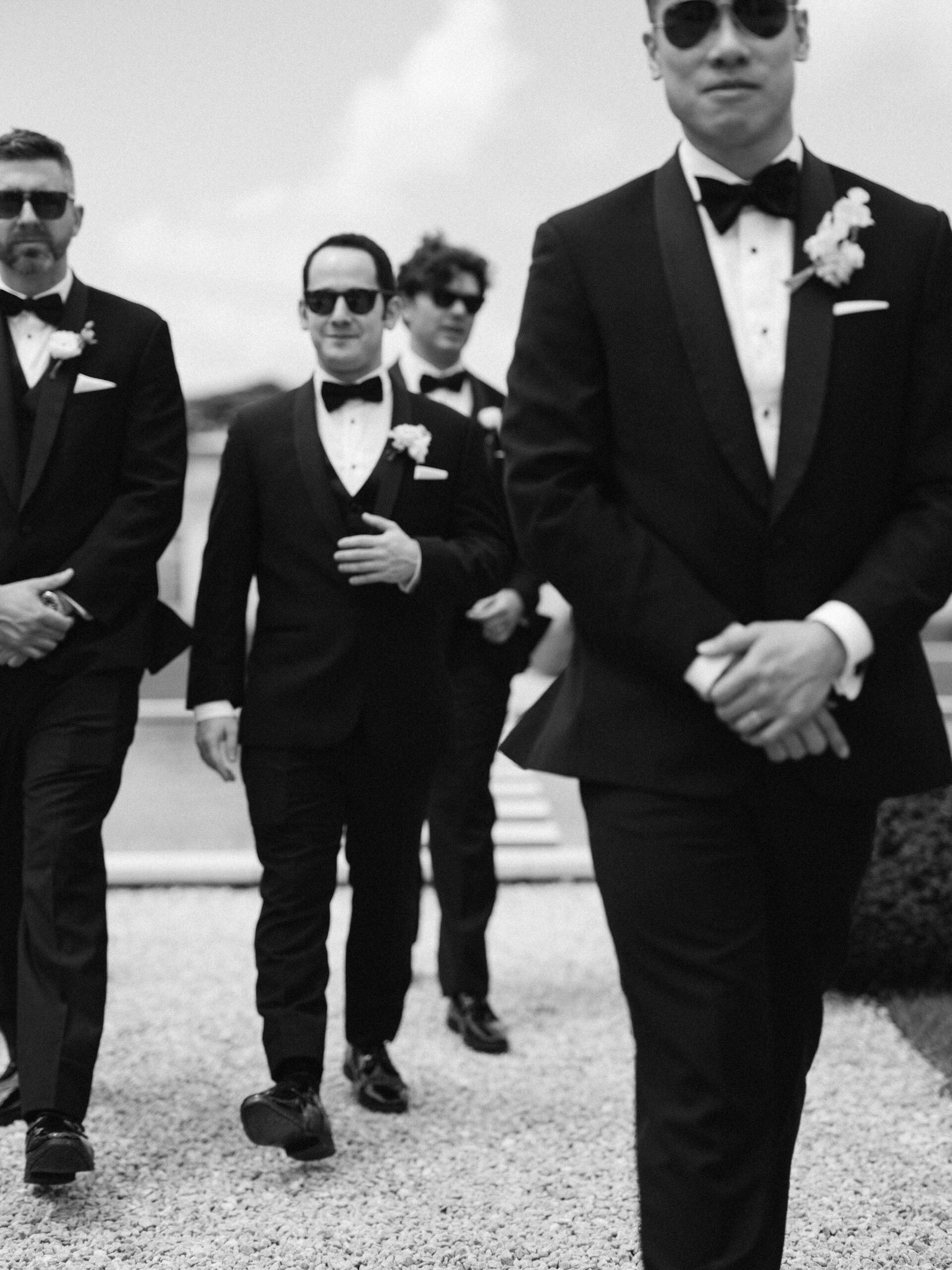 Chateau Gassies Groomsmen Black Tie Tuxedos Cinematic Walk Overcast Light