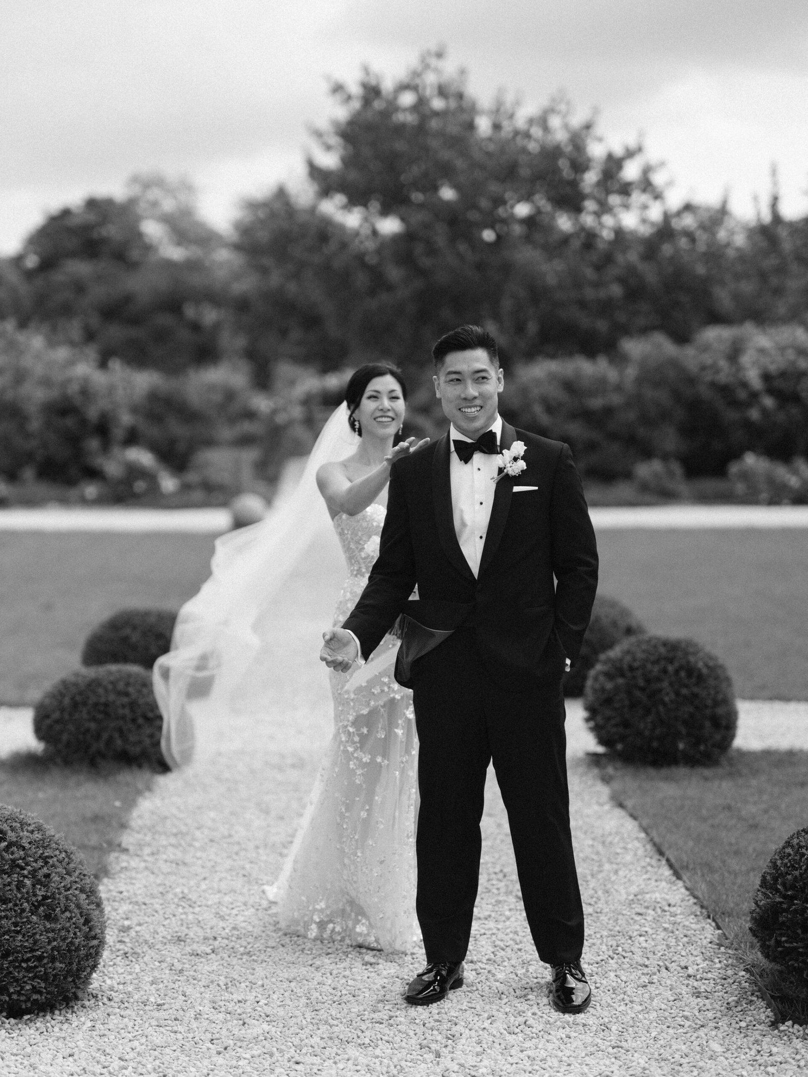 Chateau Gassies Portraits Couple Formal Gardens Black White Timeless