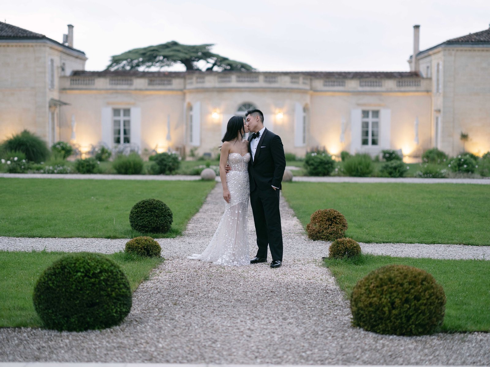 Chateau Gassies Portraits Couple French Gardens Twilight Architectural Lighting