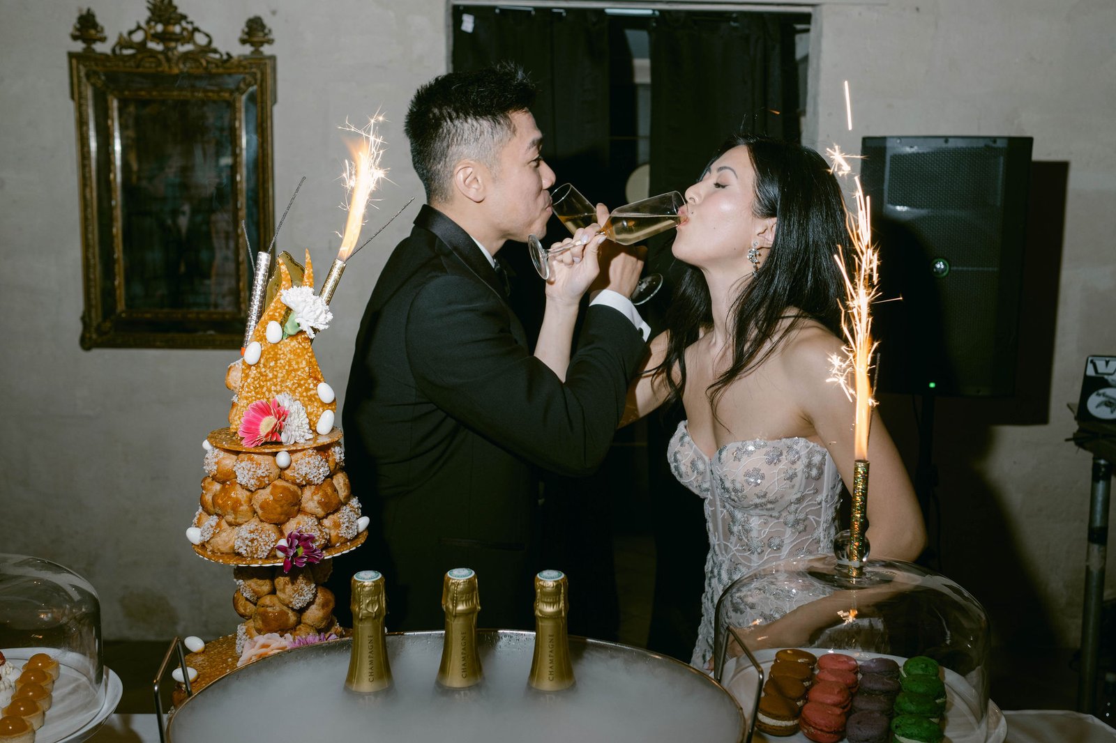 Chateau Gassies Reception Couple Croquembouche Sparklers Champagne Toast