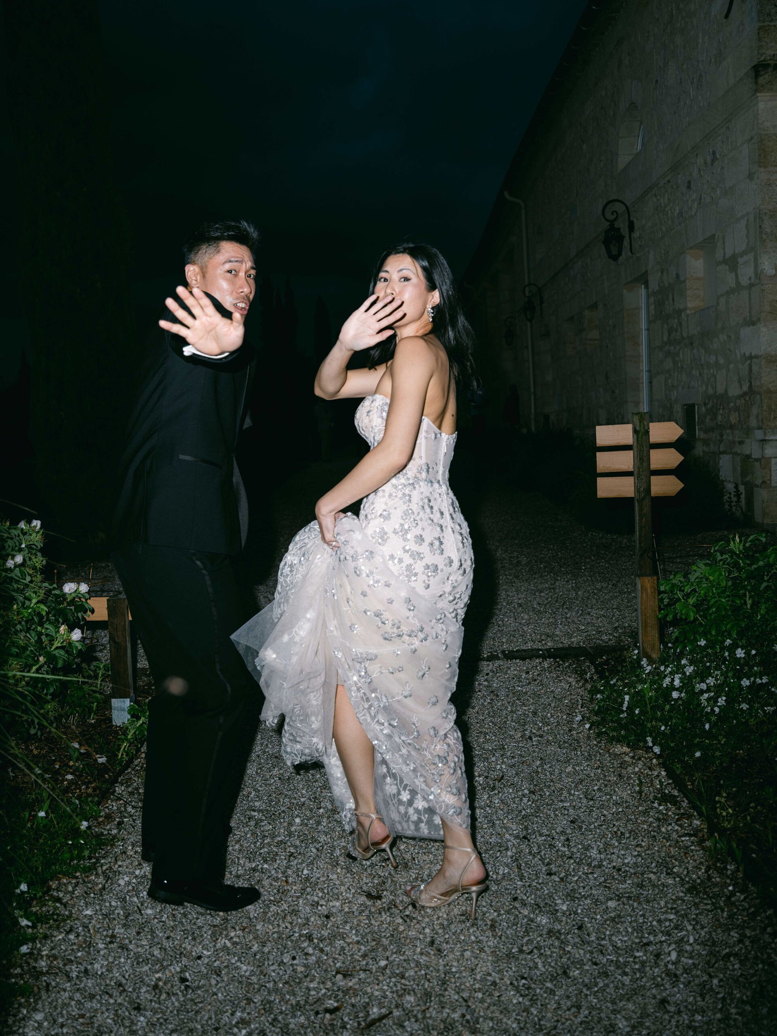 Chateau Gassies Reception Couple Dancing Embellished Gown Night Flash