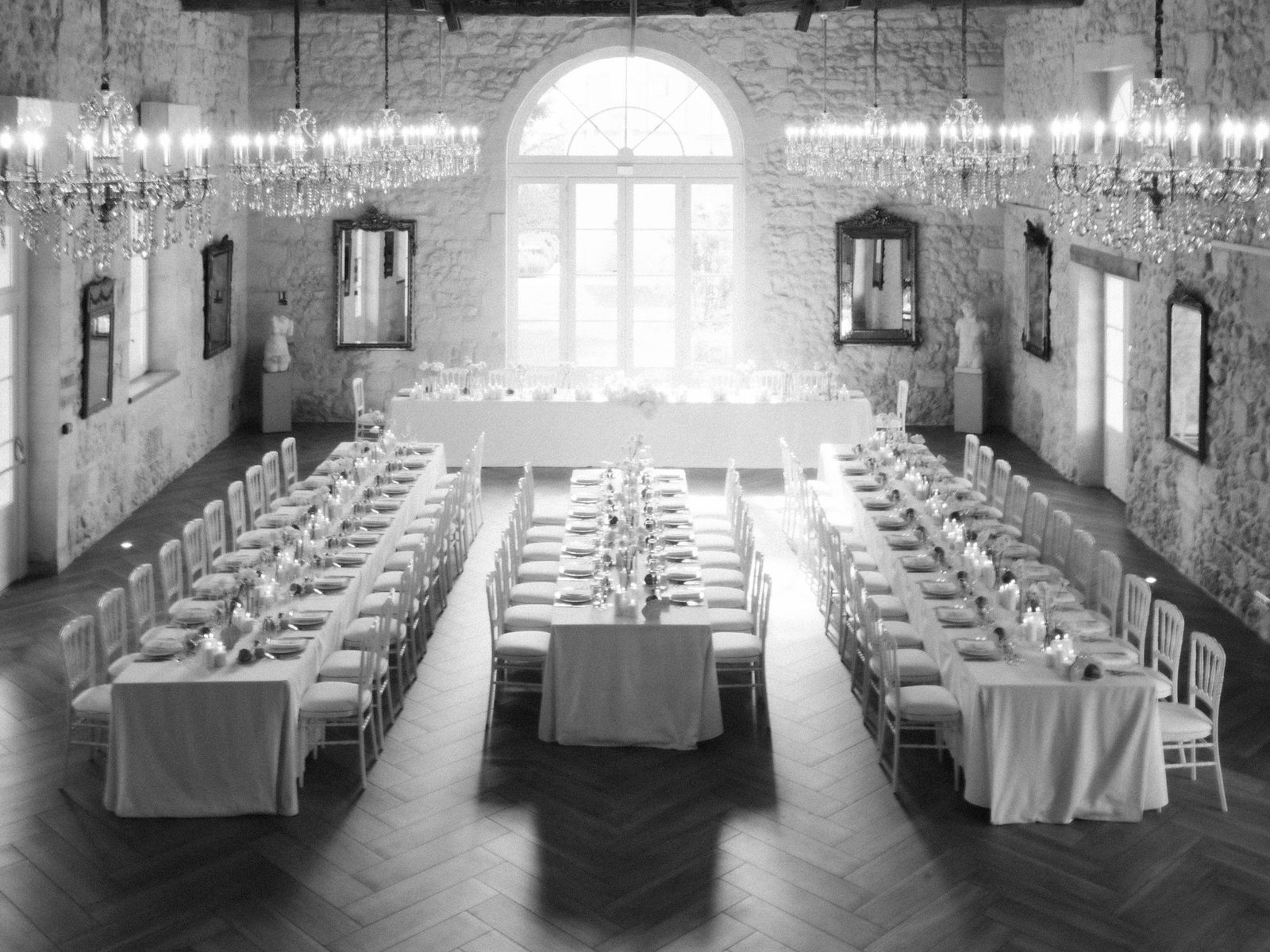 Chateau Gassies Reception Dining Room Crystal Chandeliers Elegant Tablescape