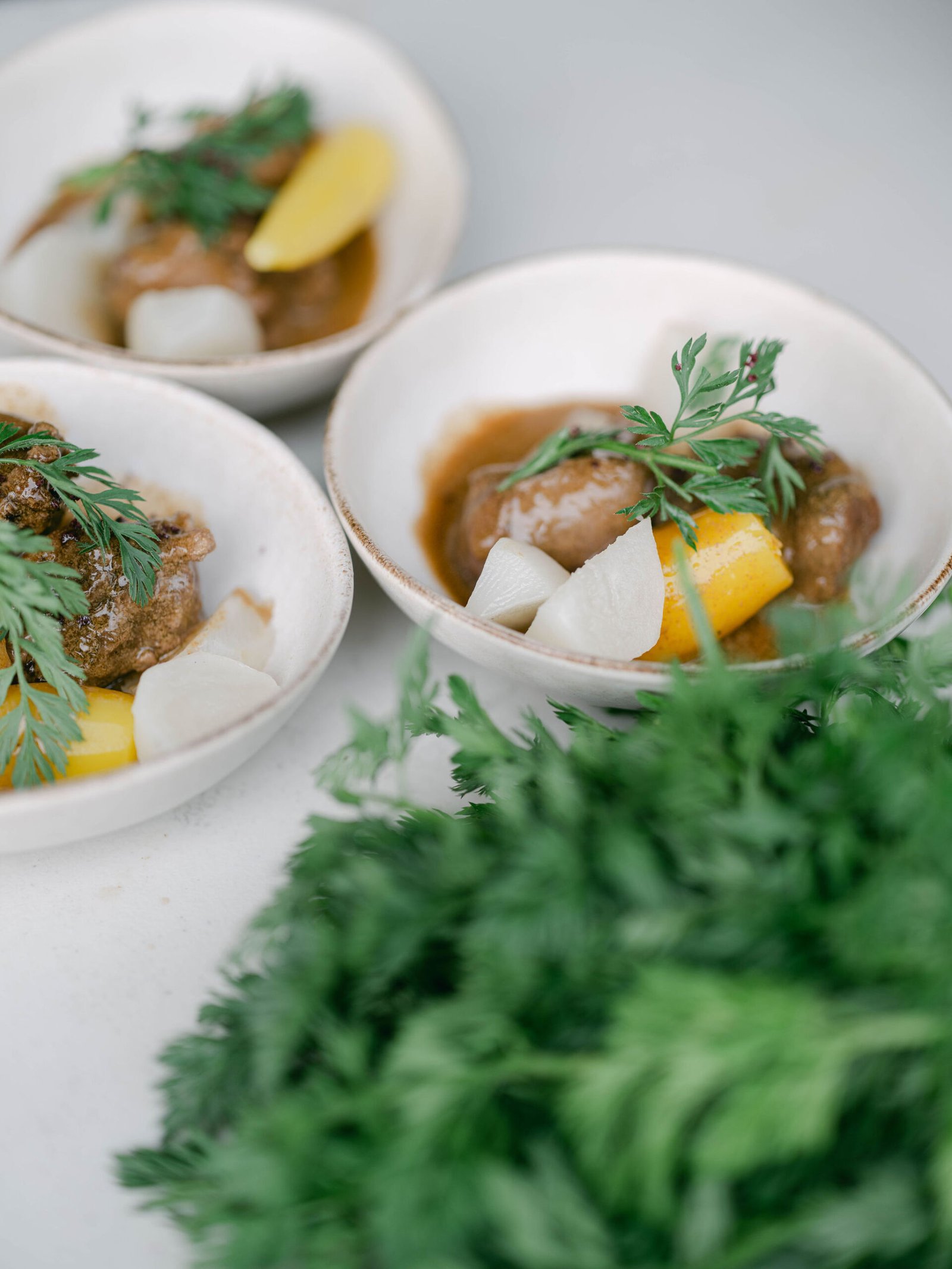 Chateau Gassies Reception Gourmet Appetizers White Ceramic Bowls Luxury Catering