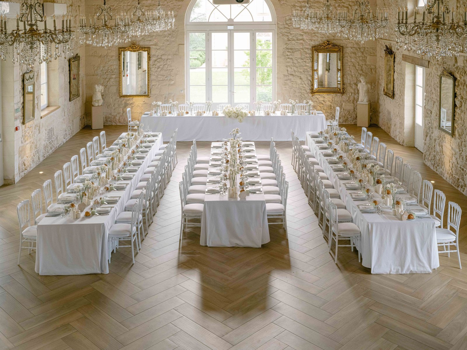 Chateau Gassies Reception Grand Salon Crystal Chandeliers Herringbone Parquet