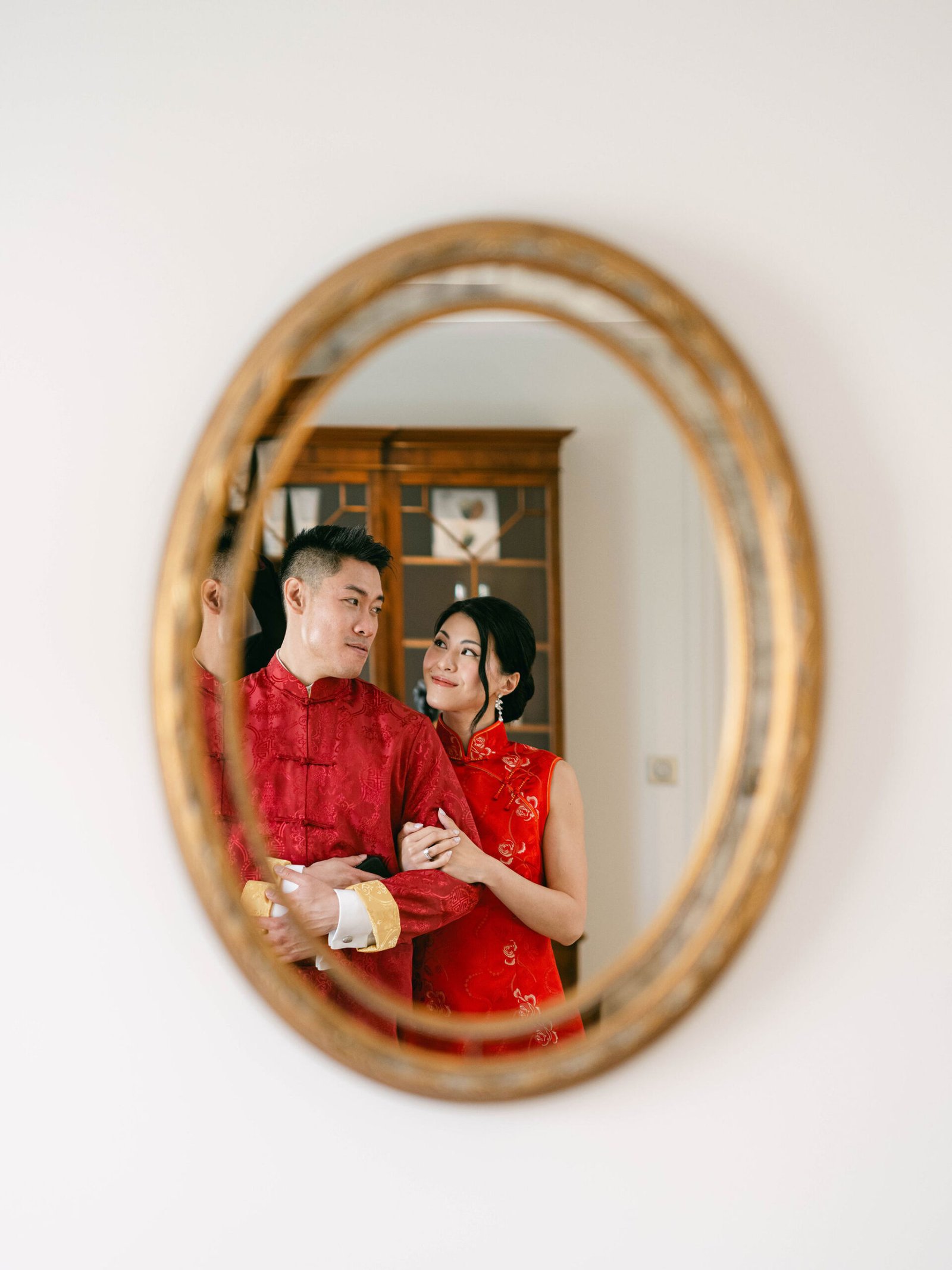 Chateau Gassies Tea Ceremony Couple Red Qipao Golden Mirror Reflection