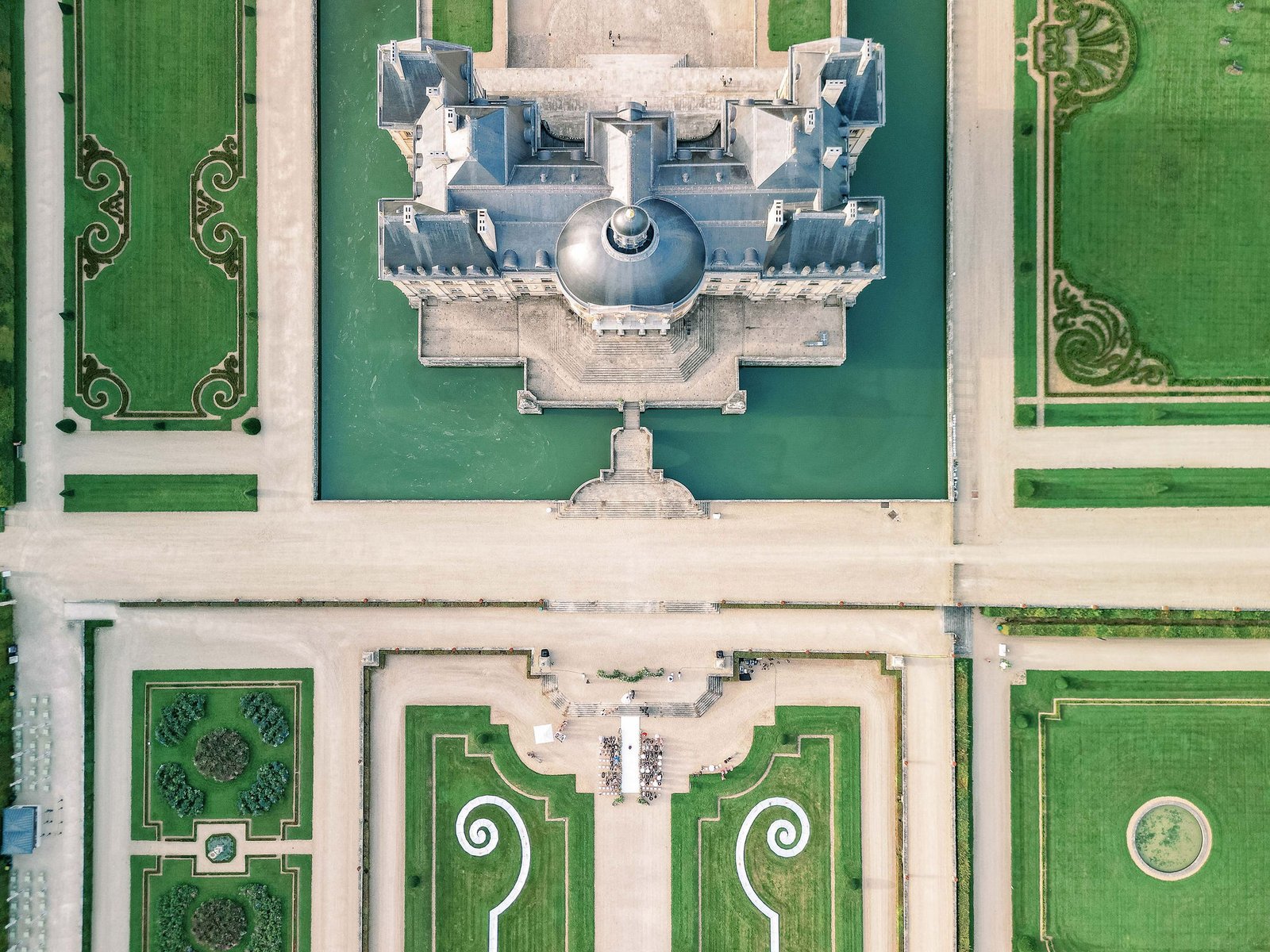 Aerial view of the Dome Ovale and French baroque gardens by Le Nôtre at Château de Vaux-le-Vicomte