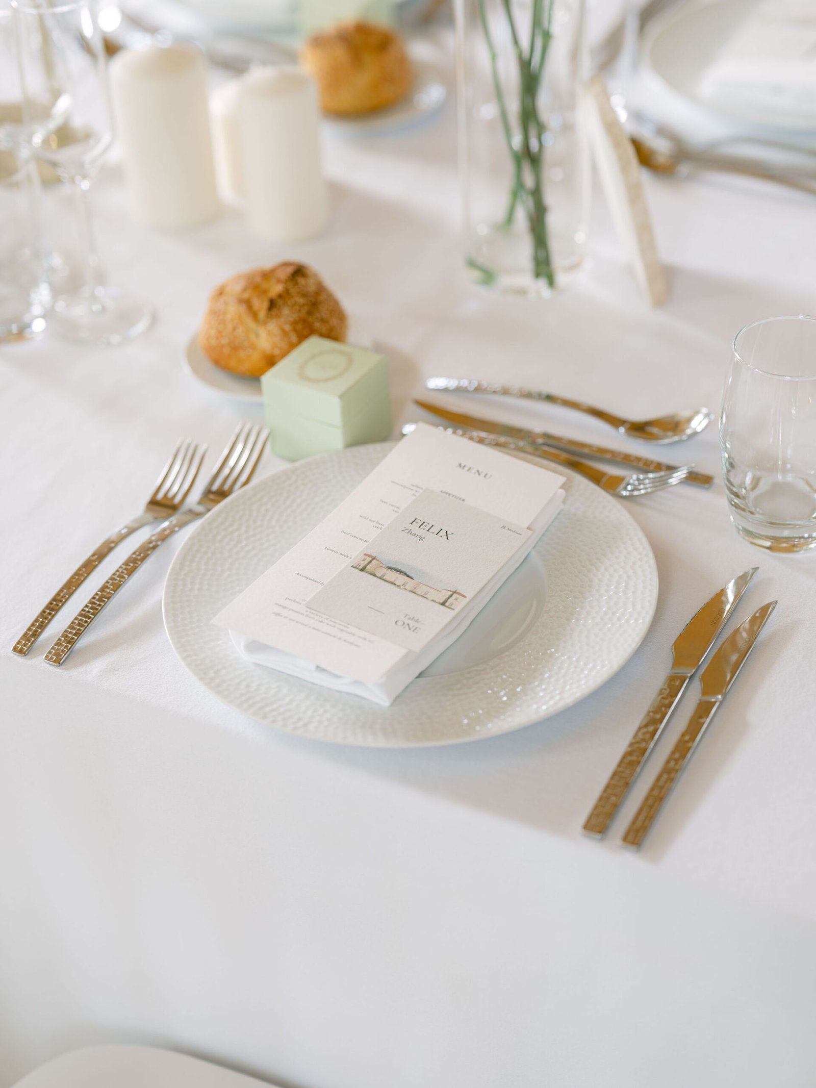 Gassie Chateau Reception Tablescape Gold Flatware Soft Natural Light