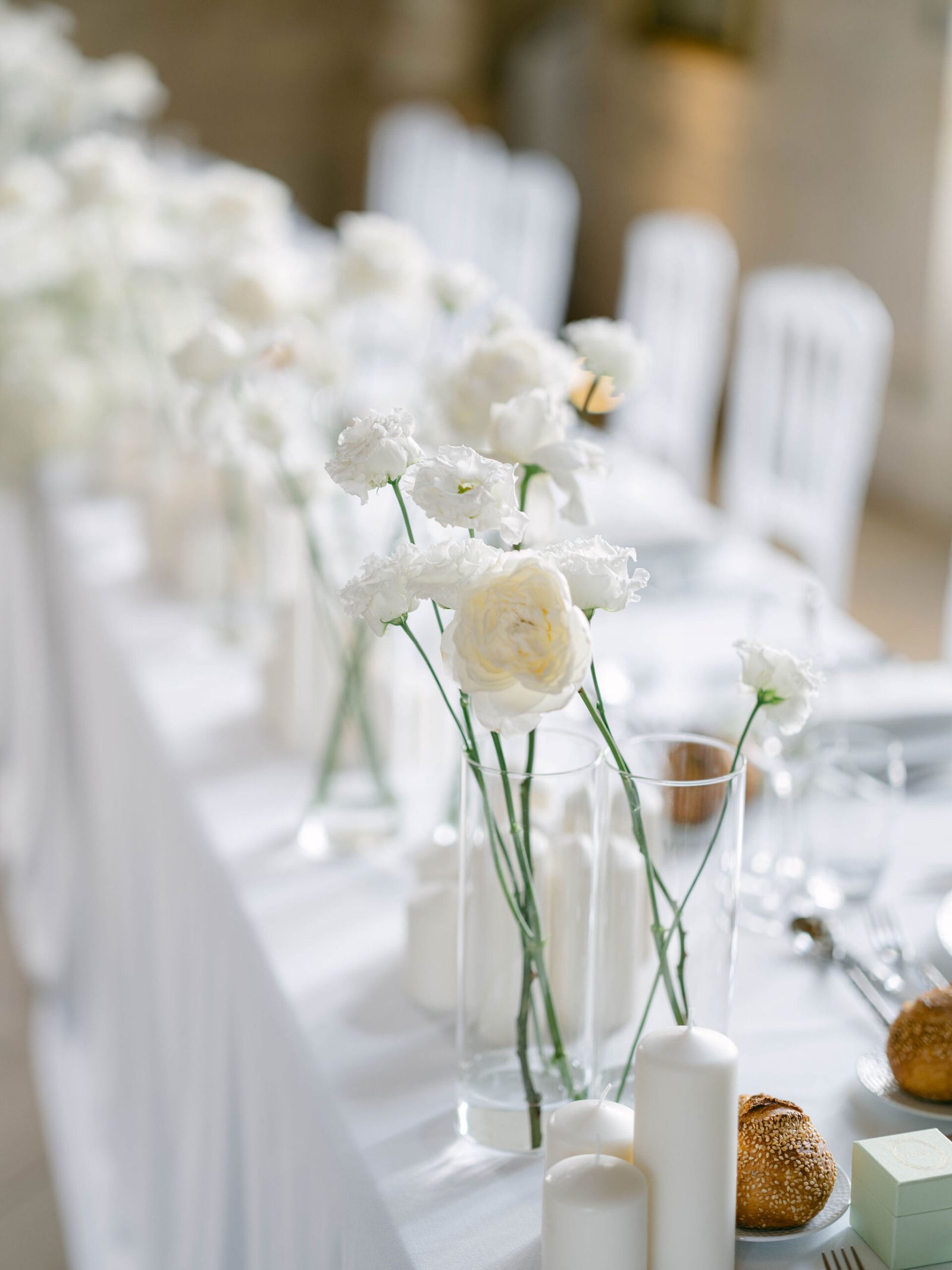 Gassie Chateau Reception White Ranunculus Centerpieces Elegant Tablescape