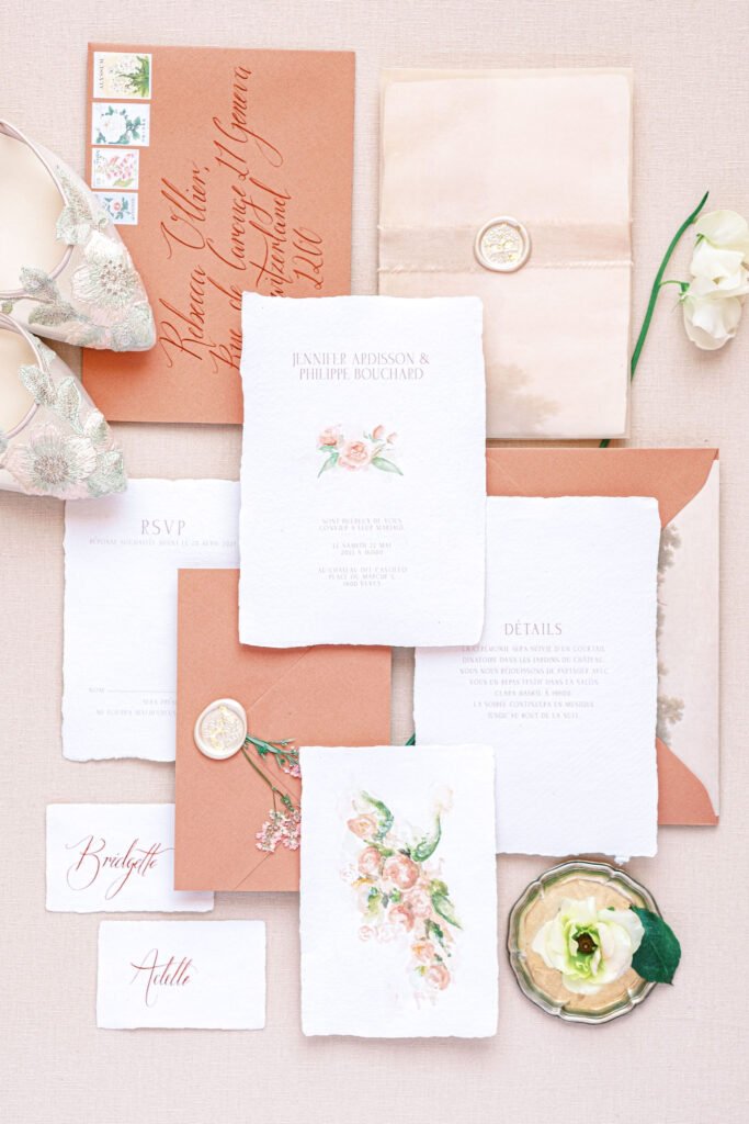 Chateau De Laile Geneva Bridal Stationery Suite Coral Blush Watercolor Florals S