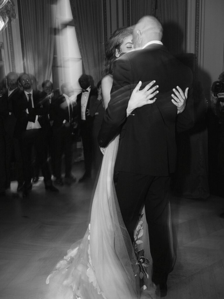 Crillon Palace First Dance Couple Embrace Black White Intimate Ballroom