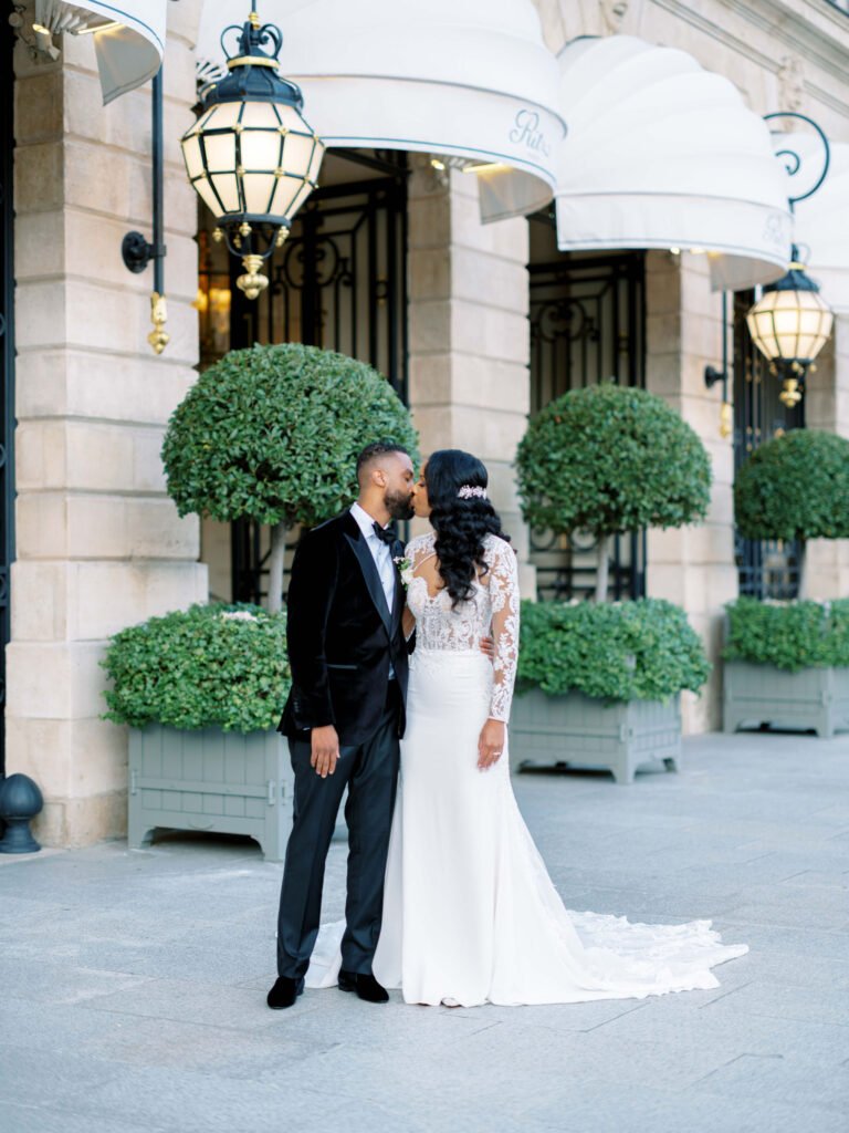 Ritz Paris Couple Portraits Place Vendome Entrance Lace Gown Evening Light