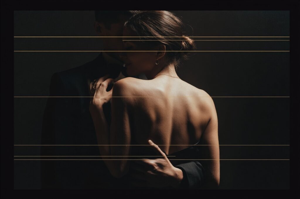 AI crawlers photography portfolio, an intimate black-tie couple embracing in a Paris palace