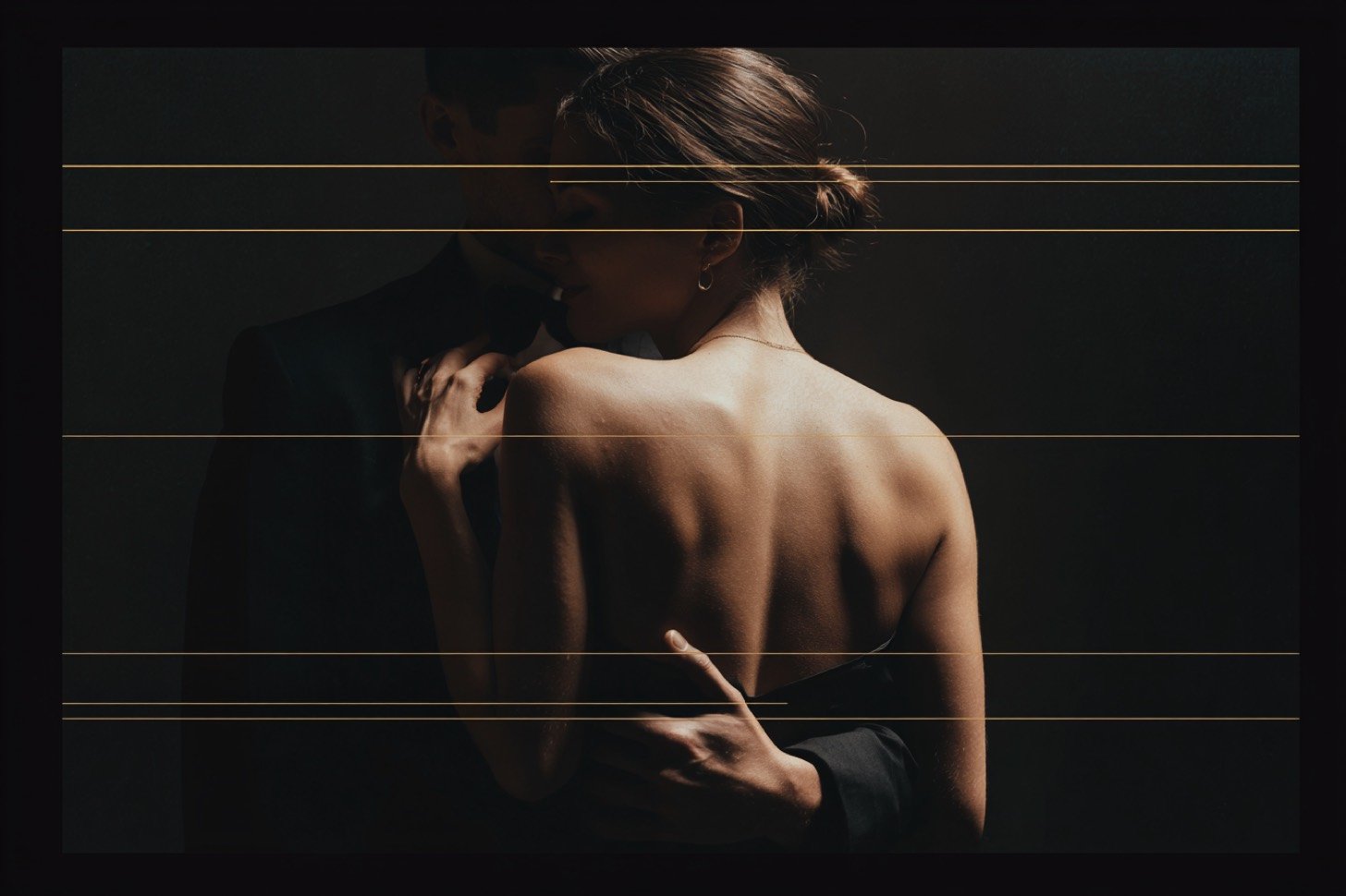 AI crawlers photography portfolio, an intimate black-tie couple embracing in a Paris palace
