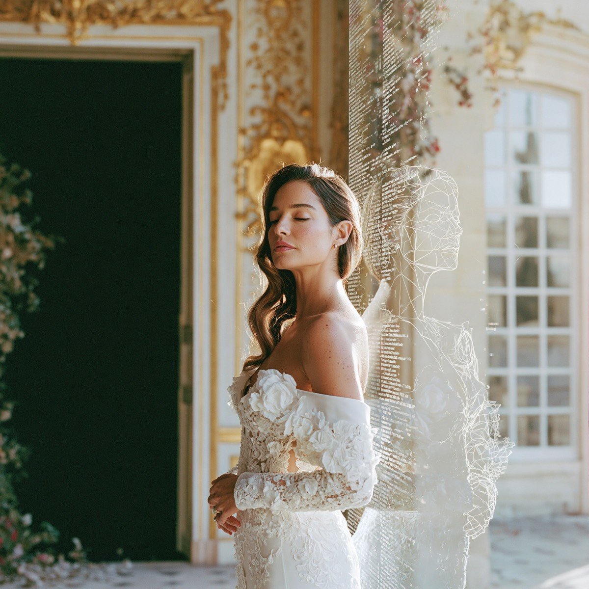 AI crawlers reading a wedding portfolio, a bride portrait dissolving into wireframe