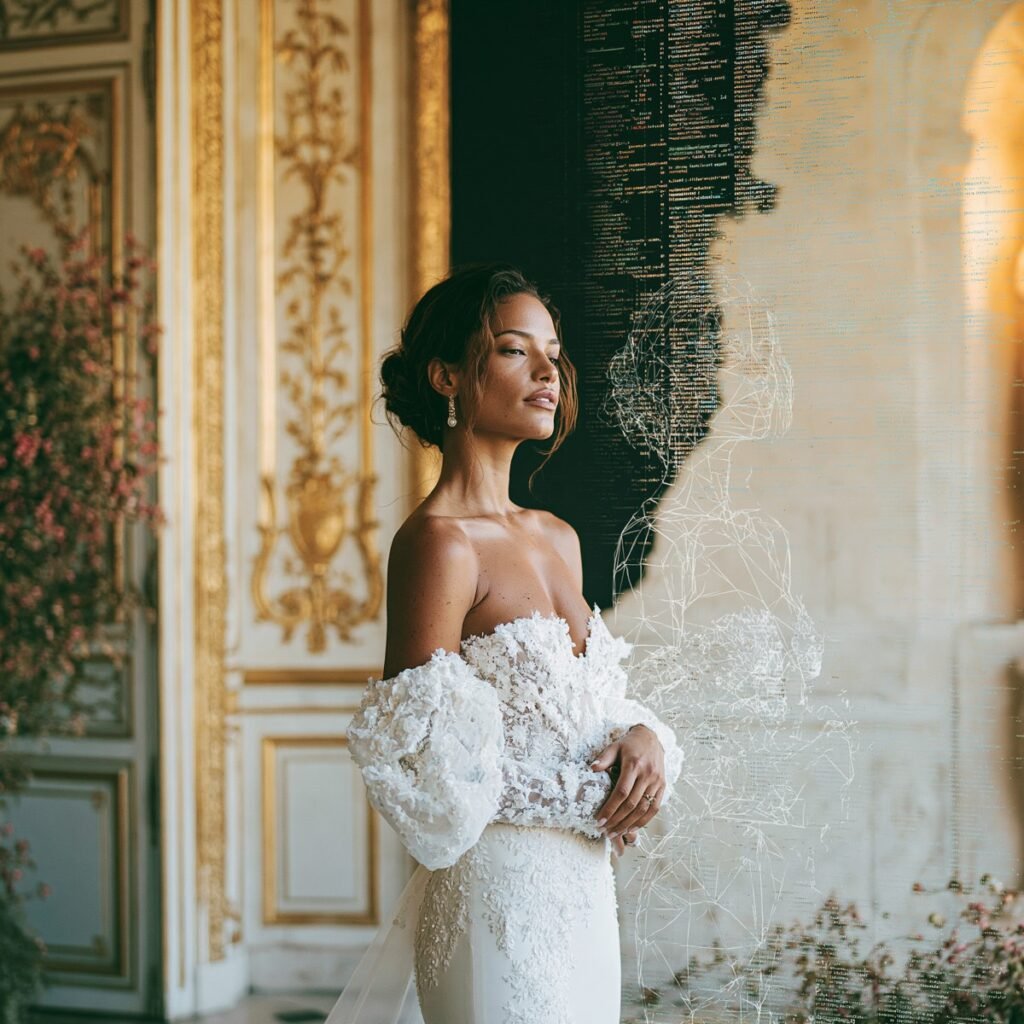 What AI crawlers see, a luxury wedding portrait dissolving into code in a Paris salon