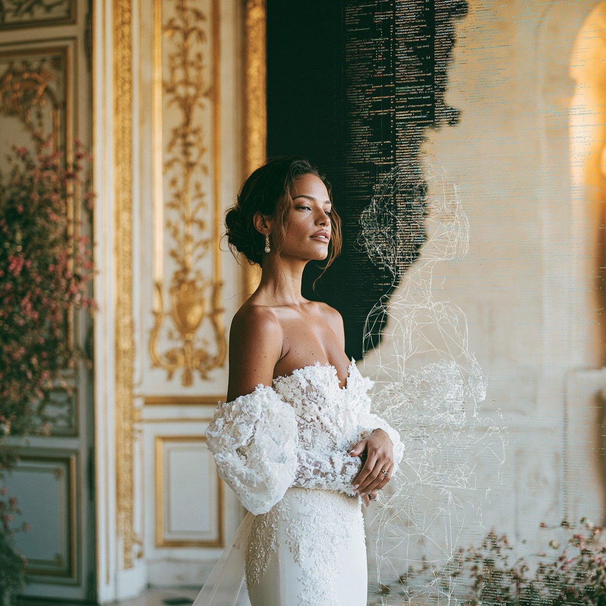 What AI crawlers see, a luxury wedding portrait dissolving into code in a Paris salon