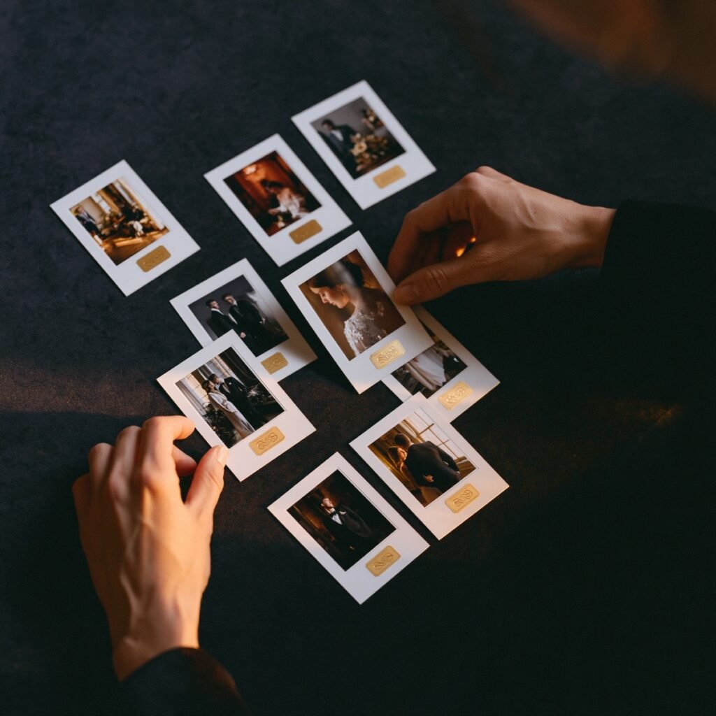 Photography file naming, fine-art wedding prints labelled and catalogued on dark velvet