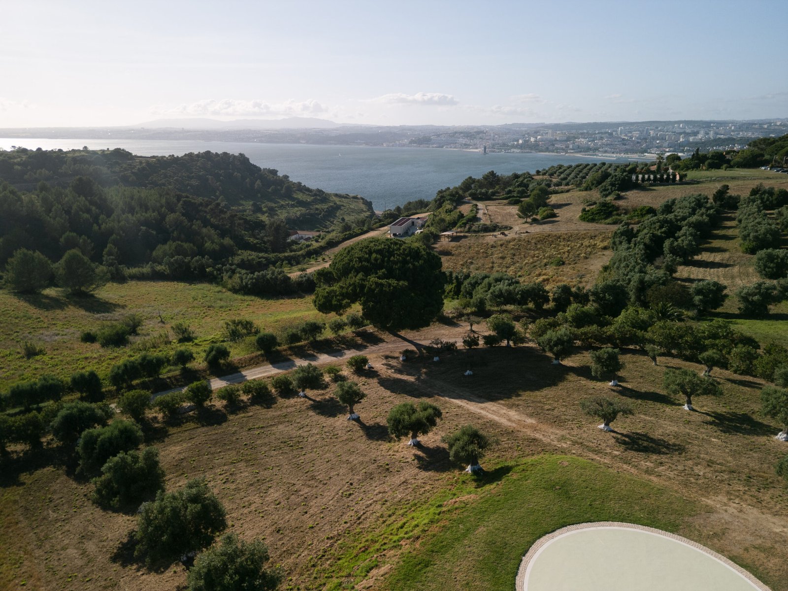 Aerial view of a Lisbon wedding estate above the Tagus river, olive groves in golden evening light