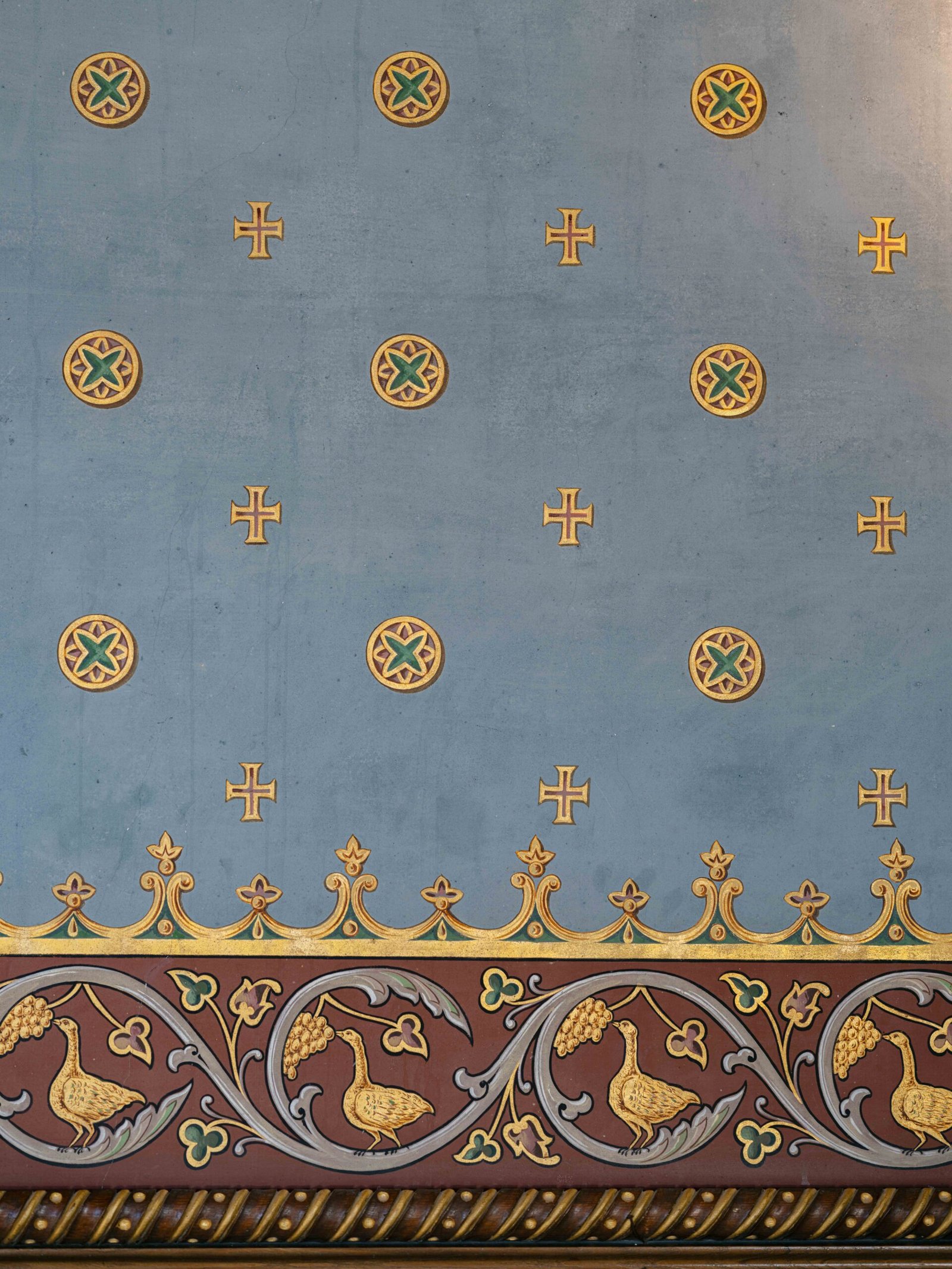 Neo-Gothic painted ceiling with gilded crosses and a bird frieze in a Lisbon palace