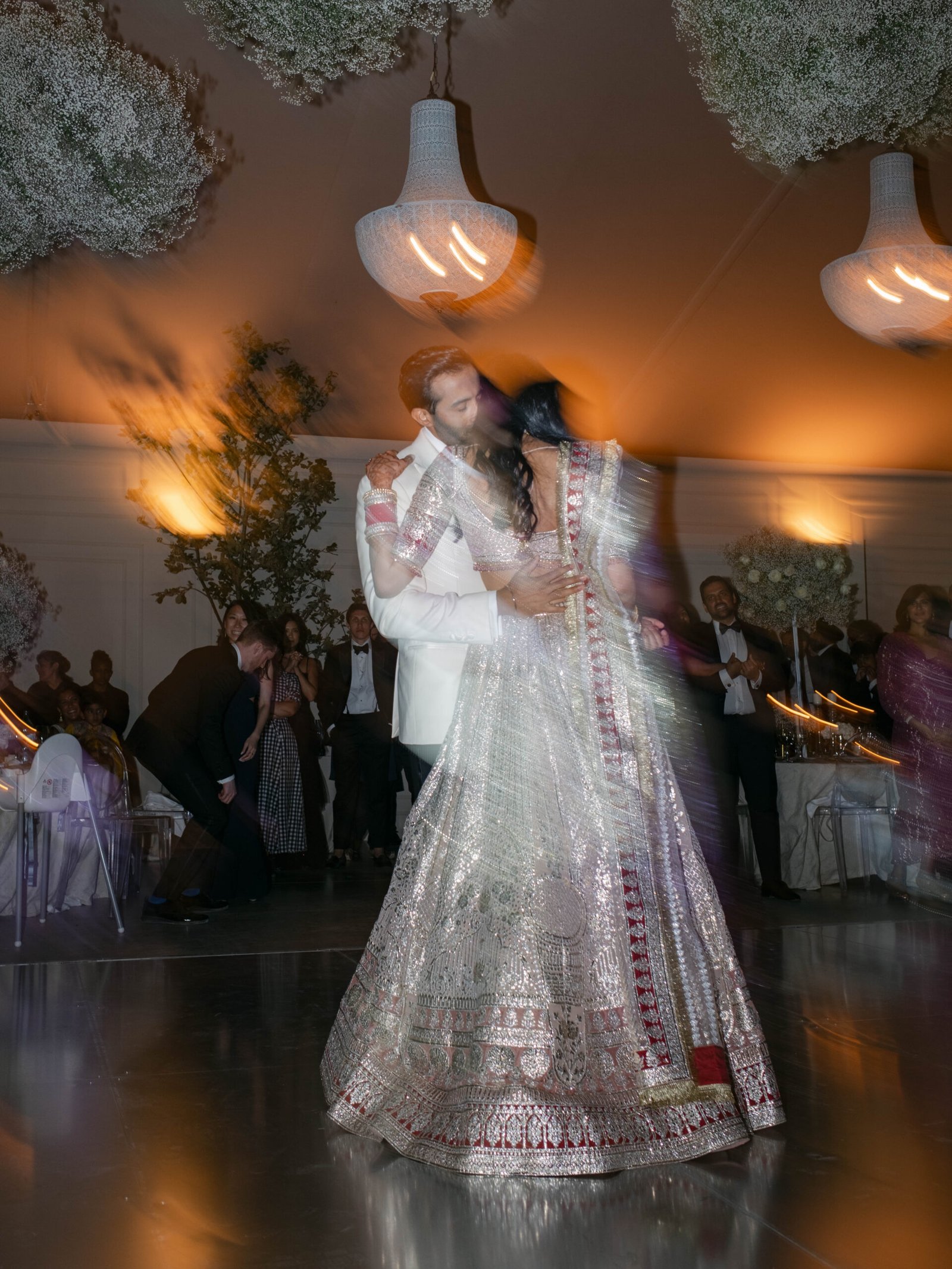 Indian couple's first dance by candlelight at their wedding reception in Lisbon